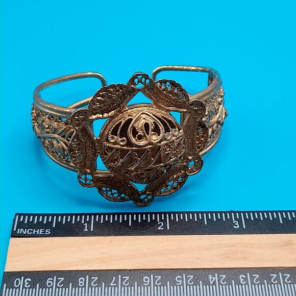 Vintage Gold Tone Filigree Openwork Cuff Bracelet, Egyptian Revival, 6 1/2 Inch - Picture 13 of 13